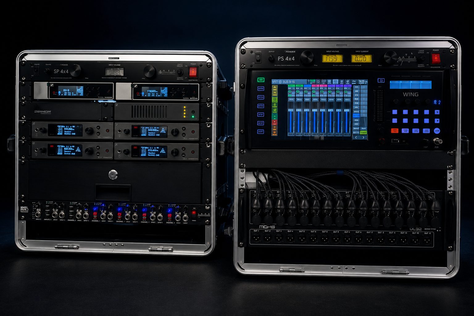 The two-rack system: RF/IEM rack with Sennheiser wireless, and the console rack with Behringer WING and Midas DL32 stage box