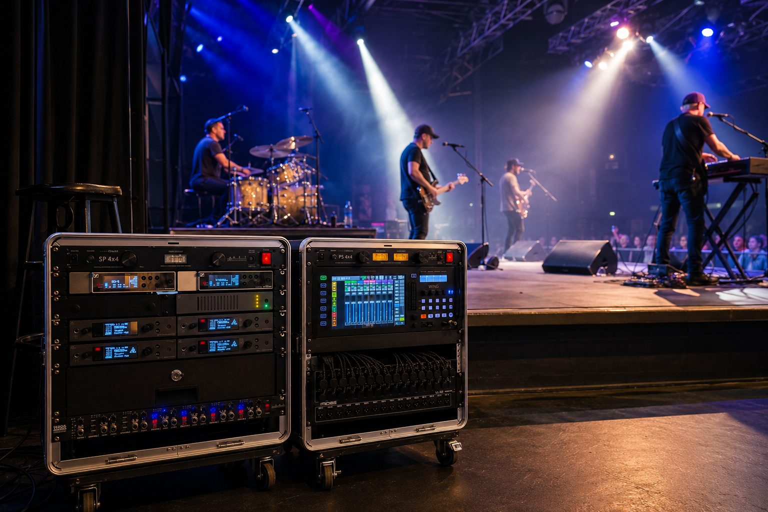 JBozz Audio monitor racks stage-side during a live show — wireless IEM rack and WING console rack